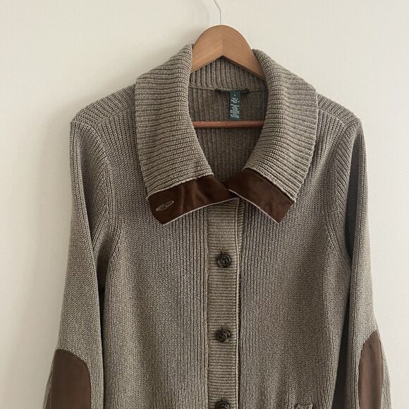 Ralph Lauren Cardigan L Brown Elbow Patch Crest Buttons Equestrian Old Money - Picture 10 of 13